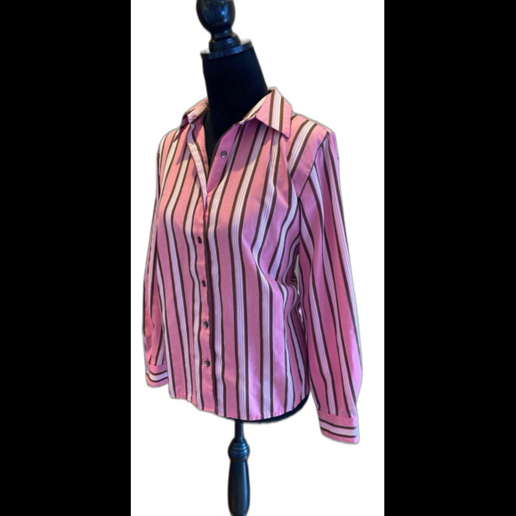 Fox Croft Womens Blouse Size 14 Pink Brown Striped Button Down Top Collared - Picture 3 of 12